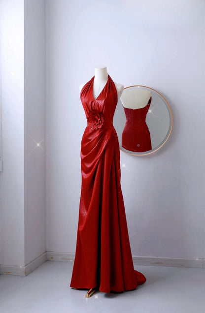 Robe de bal sirène sexy à paillettes rouges, col licou, longue, tenue de soirée, tenue d'anniversaire, robe de remise de diplôme, AU008