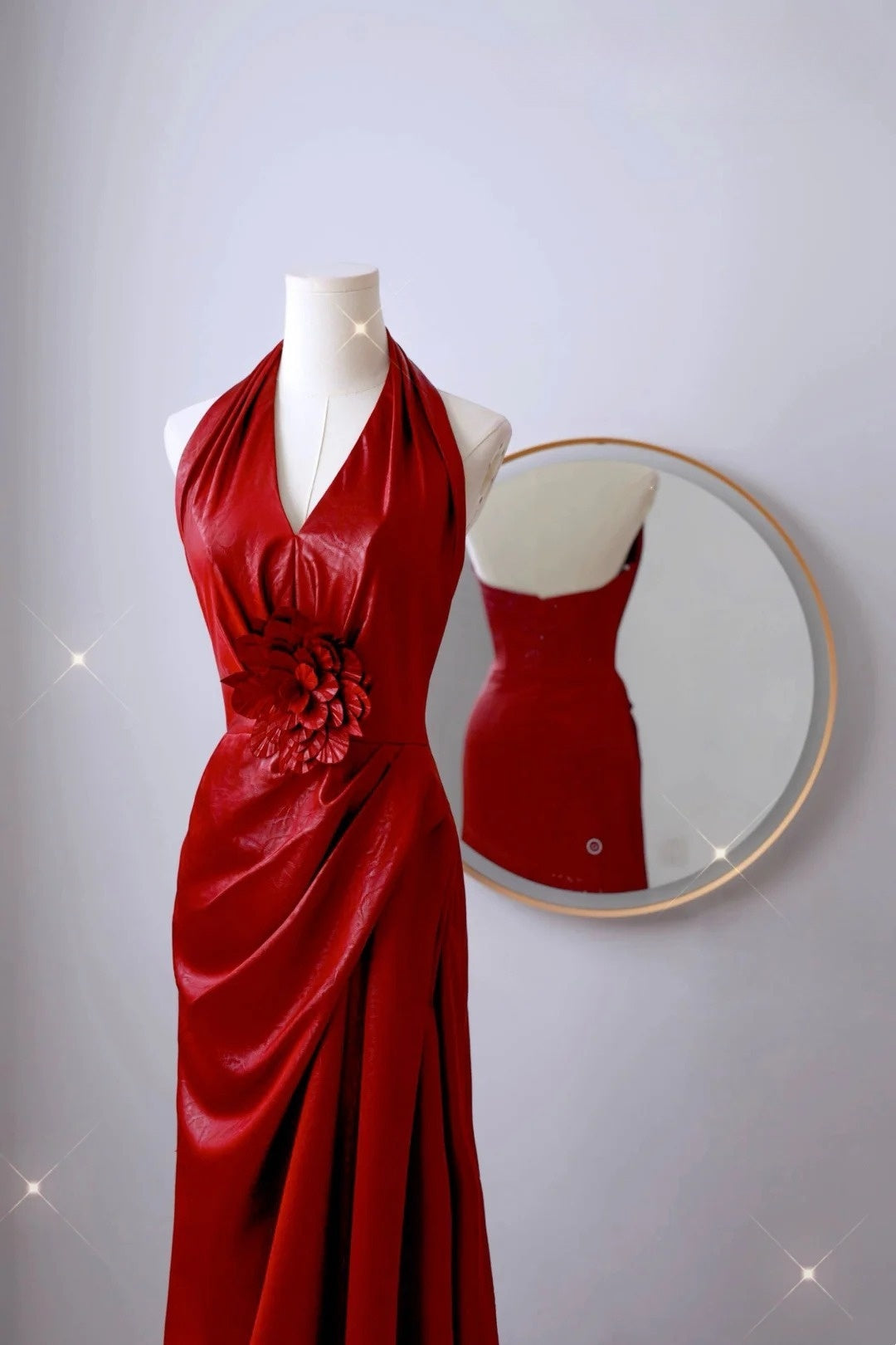Robe de bal sirène sexy à paillettes rouges, col licou, longue, tenue de soirée, tenue d'anniversaire, robe de remise de diplôme, AU008