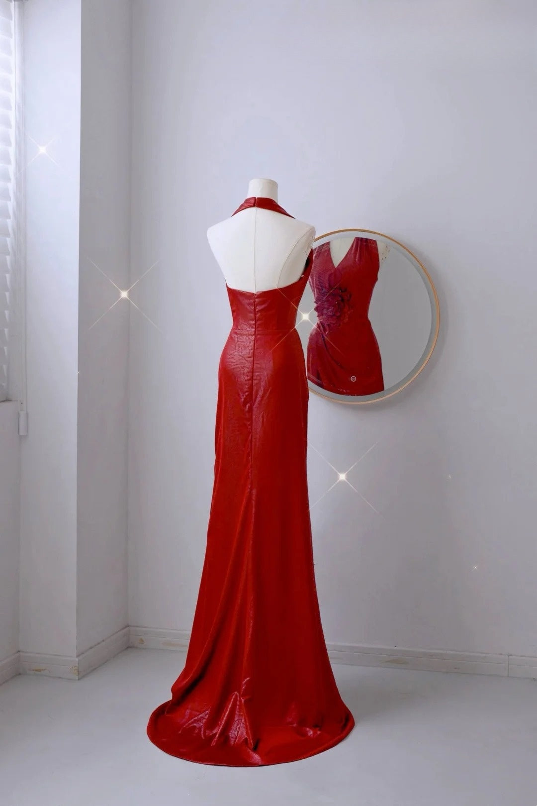 Robe de bal sirène sexy à paillettes rouges, col licou, longue, tenue de soirée, tenue d'anniversaire, robe de remise de diplôme, AU008