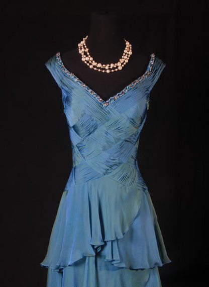 Vintage Prom Dresses 1950s Retro Classy A Line V Neck Teal Blue Chiffon Inspo Long Prom Gown AU008