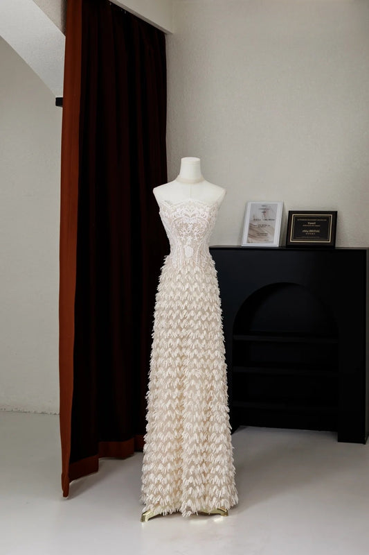 Whimsical A Line Strapless Fitted Long Lace Wedding Dress Bride Gowns Wedding Dresses AU009