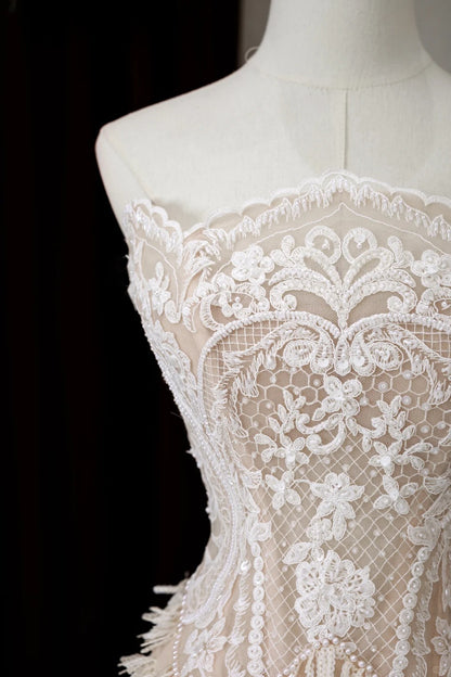 Whimsical A Line Strapless Fitted Long Lace Wedding Dress Bride Gowns Wedding Dresses AU009