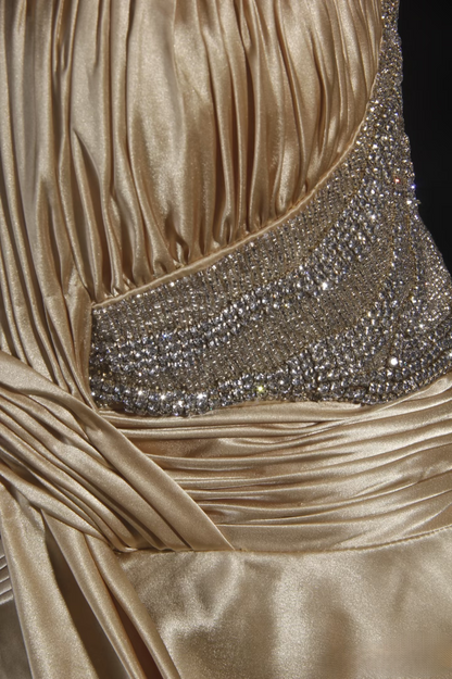 Vintage Prom Dresses 1950s Retro Classy A Line V Neck Gold Satin Backless Inspo Long Prom Gown AU009