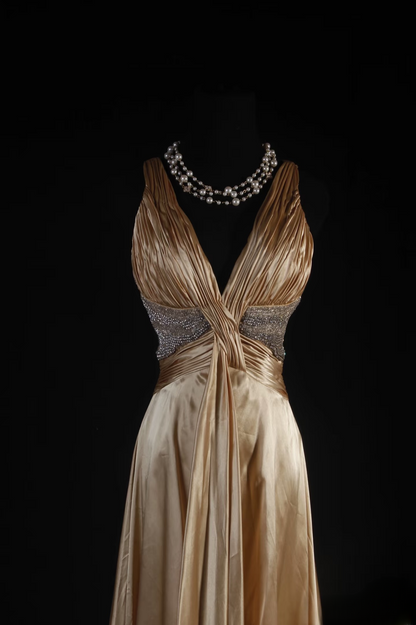 Vintage Prom Dresses 1950s Retro Classy A Line V Neck Gold Satin Backless Inspo Long Prom Gown AU009