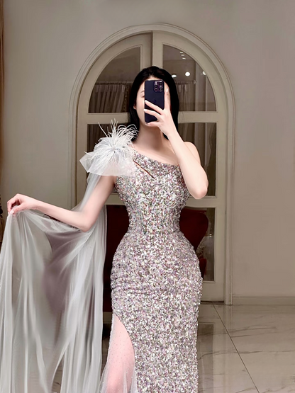 Robe de bal fourreau asymétrique sans manches à paillettes, longueur au sol, superbe robe de bal d'inspiration 2026, robe de princesse de remise de diplôme AU010