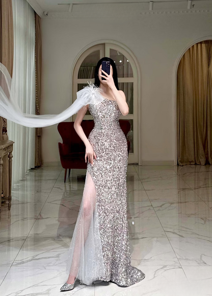 Robe de bal fourreau asymétrique sans manches à paillettes, longueur au sol, superbe robe de bal d'inspiration 2026, robe de princesse de remise de diplôme AU010