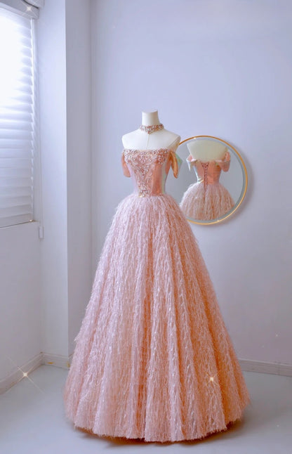 Robe de bal modeste à épaules dénudées et paillettes rose blush, robe de soirée longue pour 21e anniversaire, robe de remise de diplôme, AU010