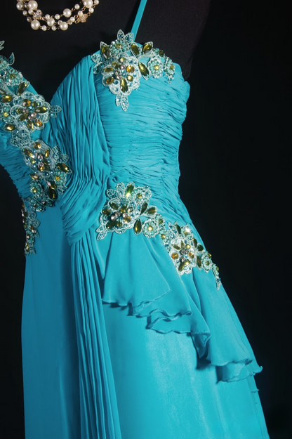 Robes de bal rétro, coupe trapèze, bretelles spaghetti, mousseline bleue, style vintage, robes de soirée longues AU010