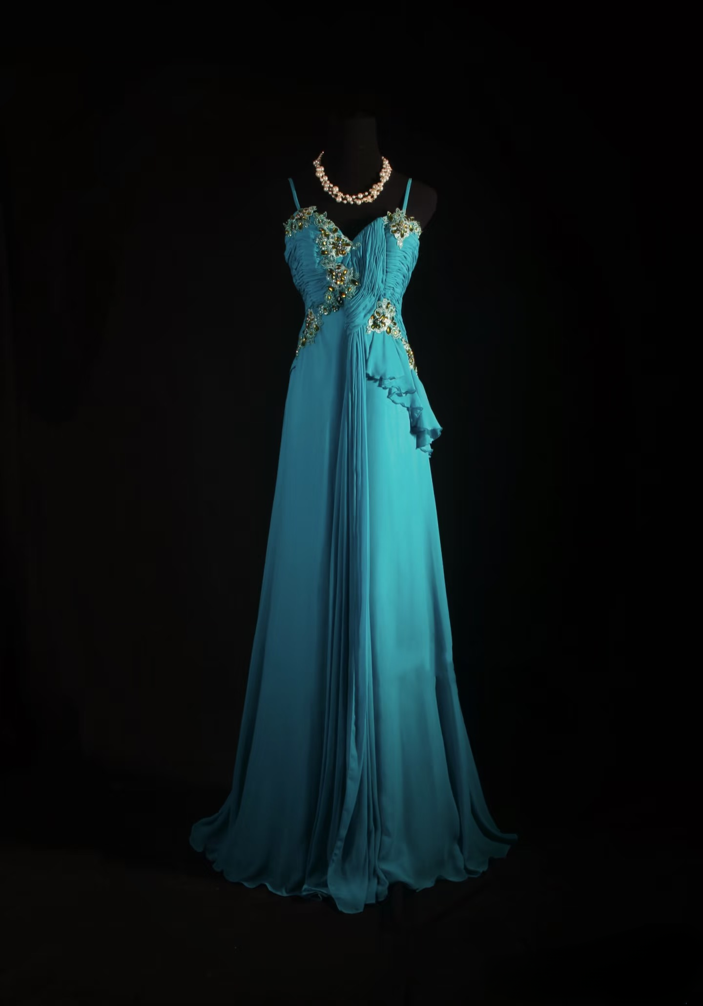 Robes de bal rétro, coupe trapèze, bretelles spaghetti, mousseline bleue, style vintage, robes de soirée longues AU010