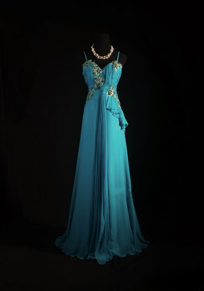 Robes de bal rétro, coupe trapèze, bretelles spaghetti, mousseline bleue, style vintage, robes de soirée longues AU010