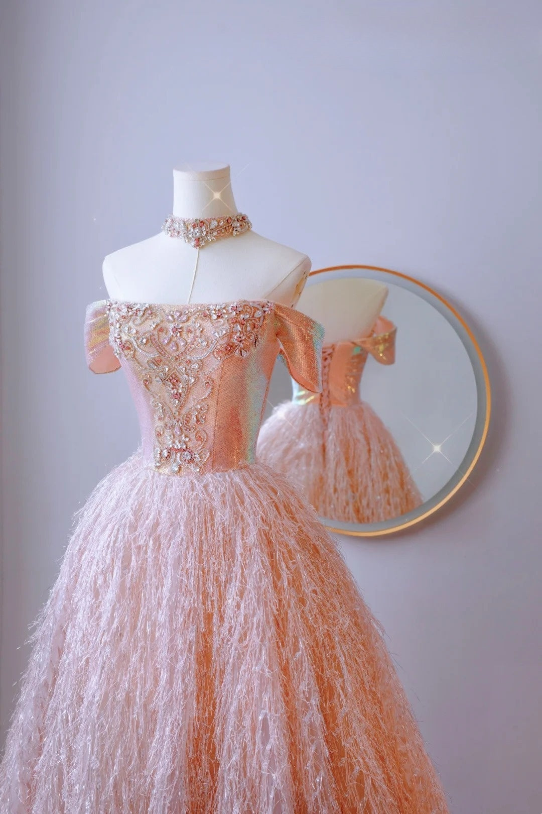Robe de bal modeste à épaules dénudées et paillettes rose blush, robe de soirée longue pour 21e anniversaire, robe de remise de diplôme, AU010