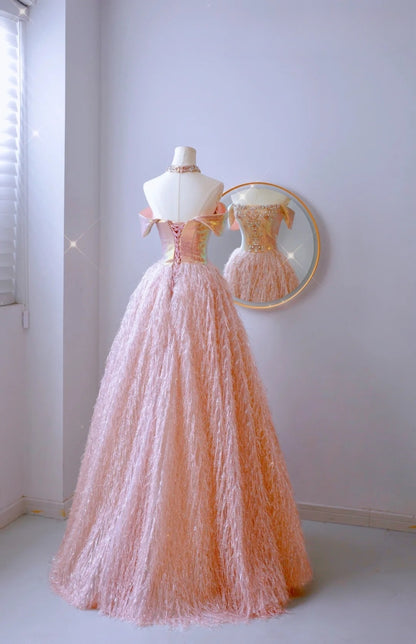 Robe de bal modeste à épaules dénudées et paillettes rose blush, robe de soirée longue pour 21e anniversaire, robe de remise de diplôme, AU010