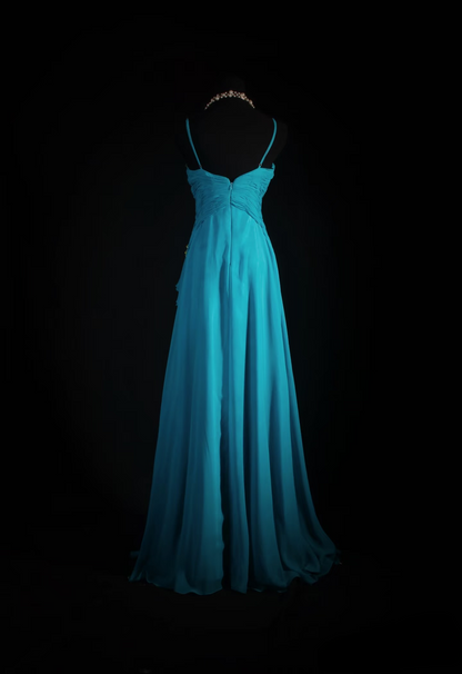 Robes de bal rétro, coupe trapèze, bretelles spaghetti, mousseline bleue, style vintage, robes de soirée longues AU010