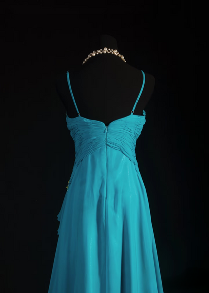 Robes de bal rétro, coupe trapèze, bretelles spaghetti, mousseline bleue, style vintage, robes de soirée longues AU010
