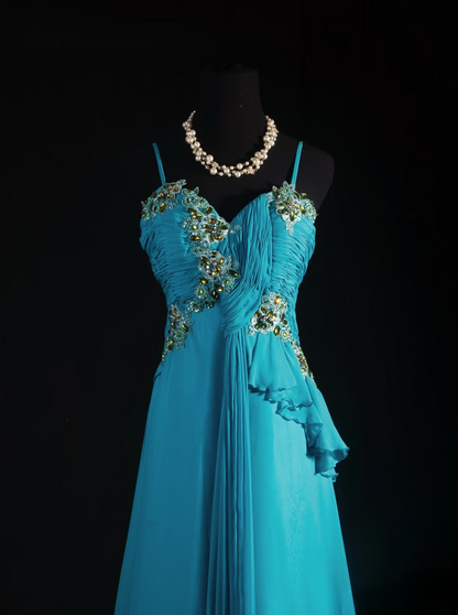 Robes de bal rétro, coupe trapèze, bretelles spaghetti, mousseline bleue, style vintage, robes de soirée longues AU010