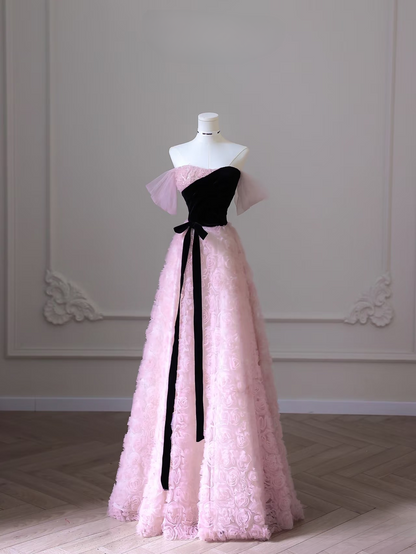 Robe de bal élégante, coupe trapèze, sans manches, en tulle rose, longueur au sol, motif floral, inspiration pour une robe de remise de diplôme, AU011