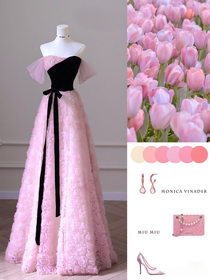 Robe de bal élégante, coupe trapèze, sans manches, en tulle rose, longueur au sol, motif floral, inspiration pour une robe de remise de diplôme, AU011