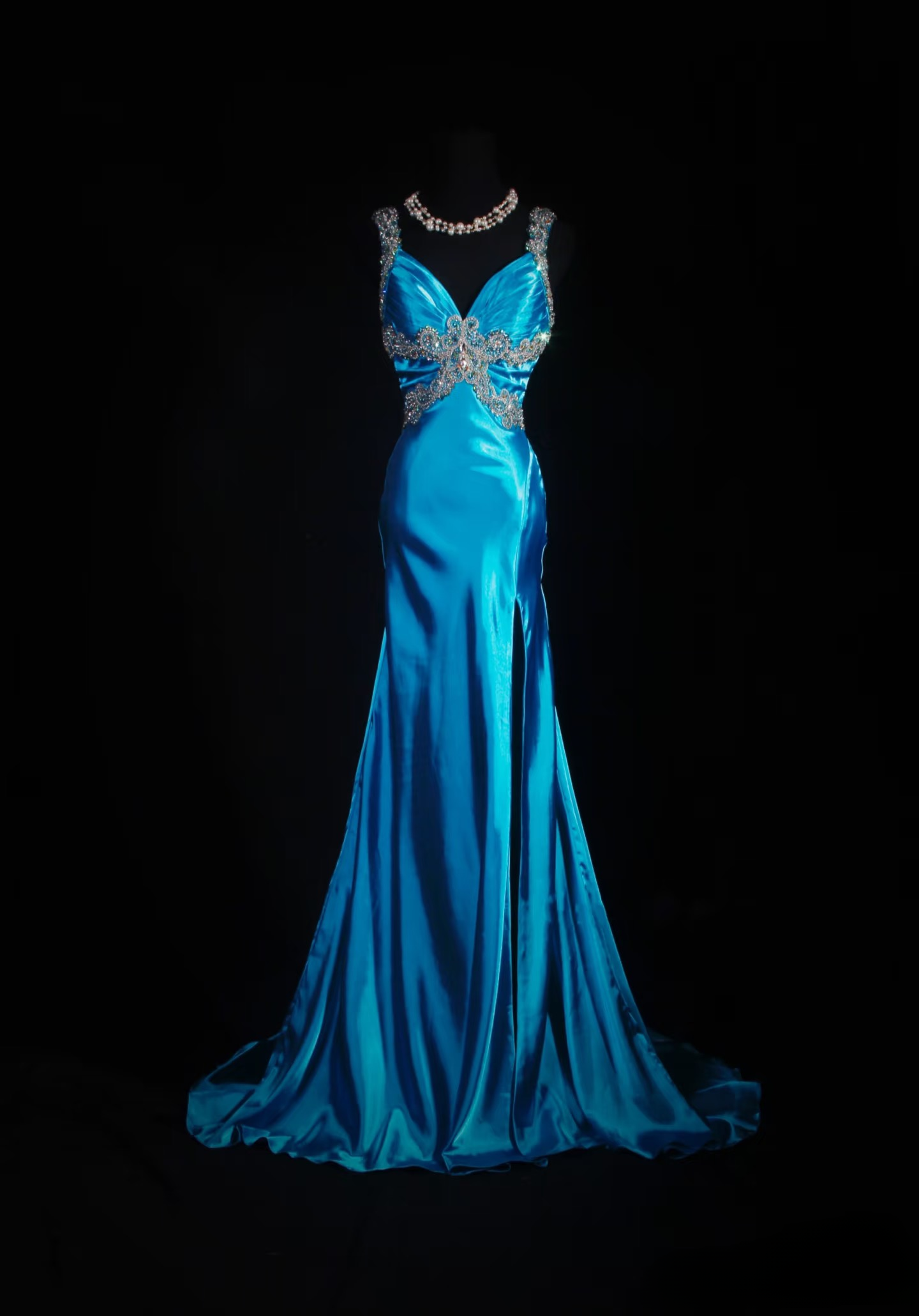 Vintage Prom Dresses 1950s Retro Classy Mermaid Sweetheart Blue Satin Slit Inspo Long Prom Gown AU011
