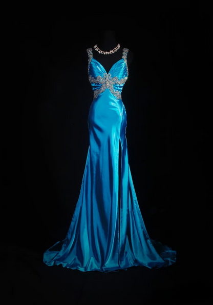 Vintage Prom Dresses 1950s Retro Classy Mermaid Sweetheart Blue Satin Slit Inspo Long Prom Gown AU011