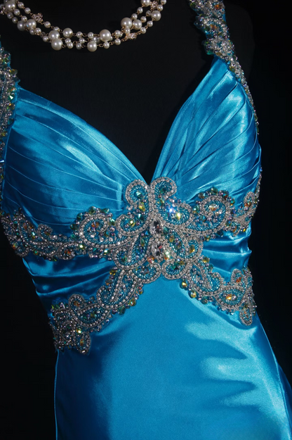 Vintage Prom Dresses 1950s Retro Classy Mermaid Sweetheart Blue Satin Slit Inspo Long Prom Gown AU011