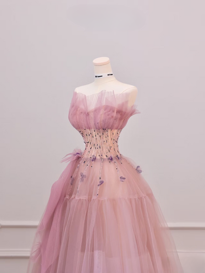 Elegant Ball Gown Strapless Sleeveless Pink Tulle Floor Length Amazing Prom Dress Inspiration Ideas Prom Inspo Dresses Graduation Dress AU012