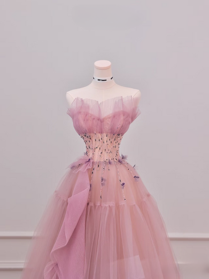 Elegant Ball Gown Strapless Sleeveless Pink Tulle Floor Length Amazing Prom Dress Inspiration Ideas Prom Inspo Dresses Graduation Dress AU012
