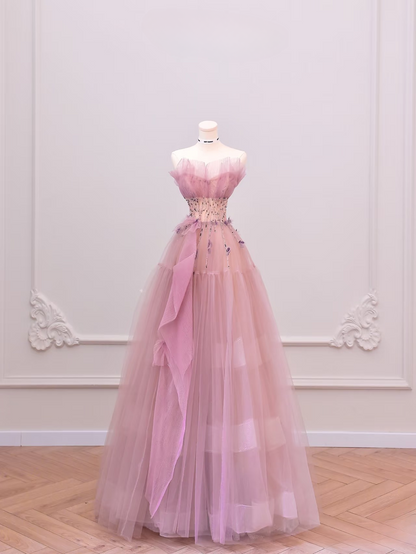 Elegant Ball Gown Strapless Sleeveless Pink Tulle Floor Length Amazing Prom Dress Inspiration Ideas Prom Inspo Dresses Graduation Dress AU012