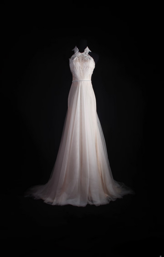 Retro Prom Dresses A Line Halter White Tulle Lace Vintage Long Prom Dresses Party Gowns AU012