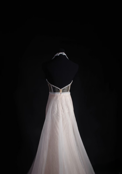 Robes de bal rétro, coupe trapèze, dos nu, tulle blanc et dentelle, robes de soirée longues vintage AU012
