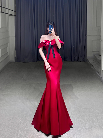 Mermaid Off The Shoulder Red Satin Floor Length Stunning Prom Dresses 2026 Inspiration Prom Dress Princess Graduation Dress AU013