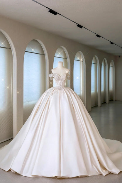 Whimsical Ball Gown Off The Shoulder Satin Fitted Long Lace Wedding Dress Bride Gowns Wedding Dresses AU013
