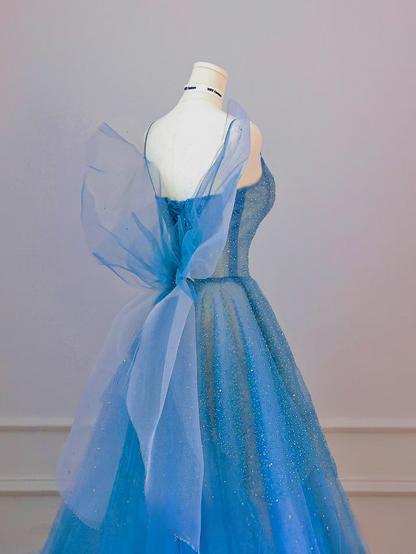 Elegant Ball Gown Spaghetti Straps Sleeveless Blue Tulle Floor Length Amazing Prom Dress Inspiration Ideas Prom Inspo Dresses Graduation Dress AU014