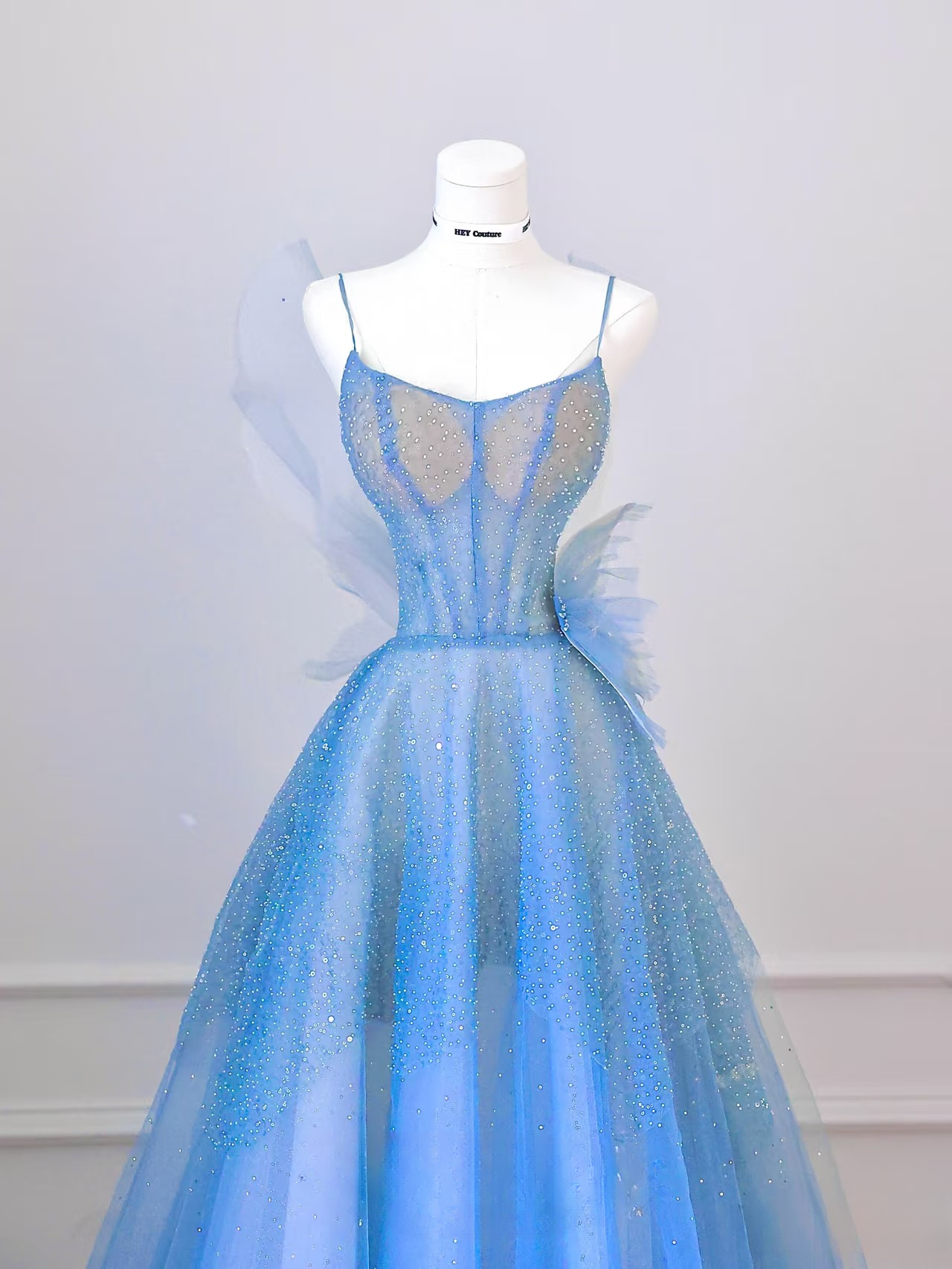 Elegant Ball Gown Spaghetti Straps Sleeveless Blue Tulle Floor Length Amazing Prom Dress Inspiration Ideas Prom Inspo Dresses Graduation Dress AU014