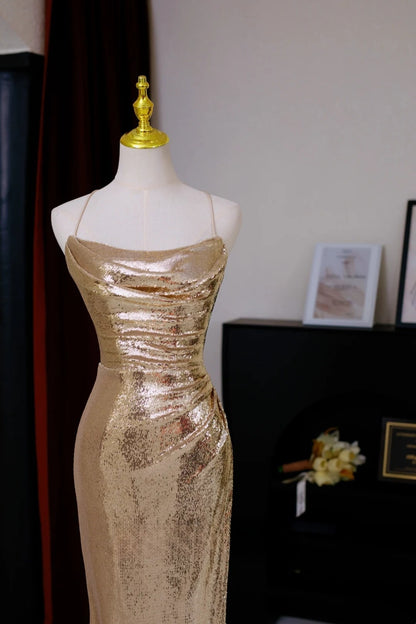 Robe de bal sirène sexy à paillettes dorées et dos nu, longue robe de soirée pour 21e anniversaire, robe de soirée AU014