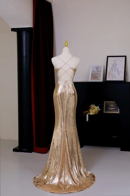 Robe de bal sirène sexy à paillettes dorées et dos nu, longue robe de soirée pour 21e anniversaire, robe de soirée AU014