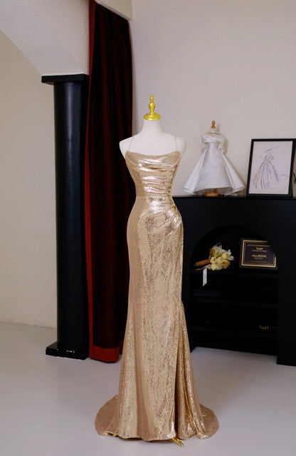Robe de bal sirène sexy à paillettes dorées et dos nu, longue robe de soirée pour 21e anniversaire, robe de soirée AU014