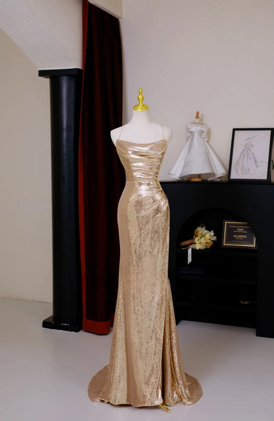 Sexy Mermaid Halter Gold Sequin Prom Dresses Long Party Dress 21st Birthday Outfits Formal Dress AU014