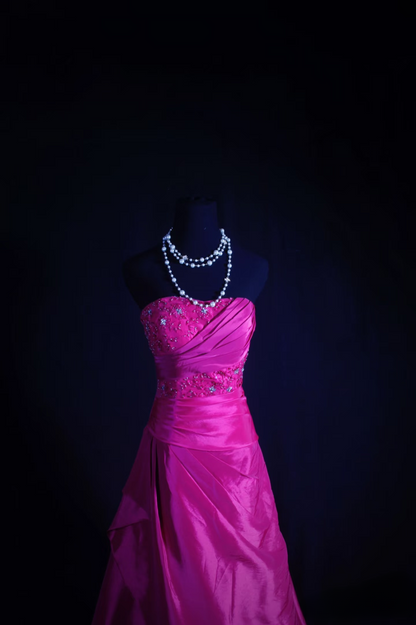 Robe de bal rétro bustier en satin fuchsia ornée de dentelle appliquée, robe de soirée longue vintage AU015
