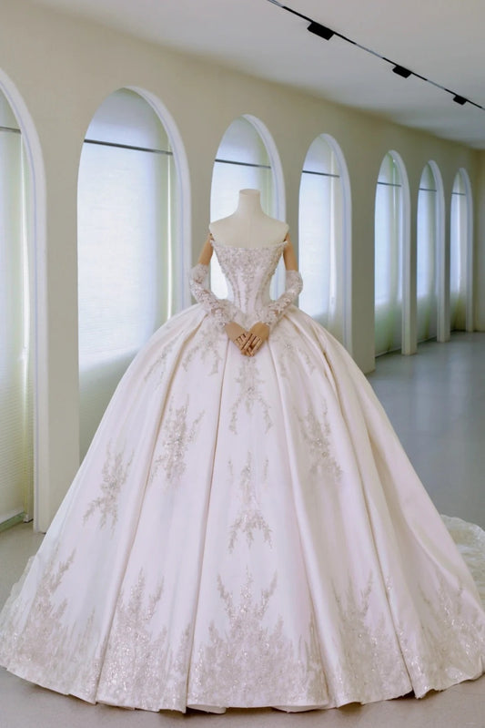 Whimsical Ball Gown Strapless Satin Fitted Long Lace Wedding Dress Bride Gowns Wedding Dresses AU015
