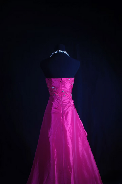 Robe de bal rétro bustier en satin fuchsia ornée de dentelle appliquée, robe de soirée longue vintage AU015