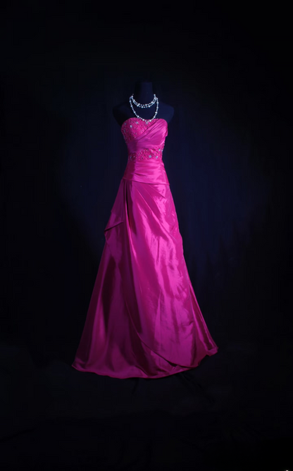 Robe de bal rétro bustier en satin fuchsia ornée de dentelle appliquée, robe de soirée longue vintage AU015