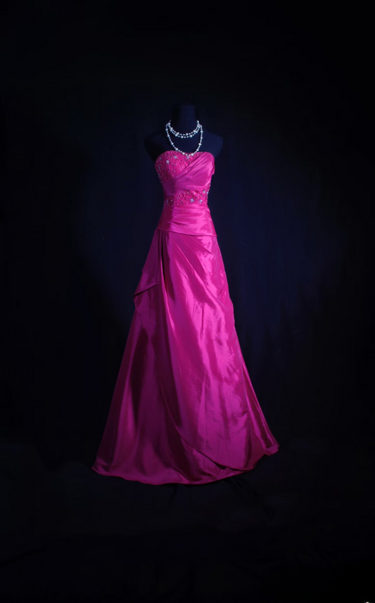 Retro Prom Dresses Ball Gown Strapless Fuchsia Satin With Appliqued Lace Vintage Long Prom Dresses Party Gowns AU015