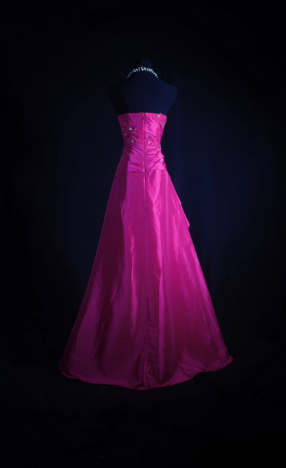 Robe de bal rétro bustier en satin fuchsia ornée de dentelle appliquée, robe de soirée longue vintage AU015