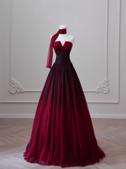 Robe de bal élégante sans bretelles, sans manches, en tulle bordeaux, longueur au sol, idées inspirantes pour une robe de bal, robe de remise de diplôme, AU016