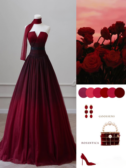 Robe de bal élégante sans bretelles, sans manches, en tulle bordeaux, longueur au sol, idées inspirantes pour une robe de bal, robe de remise de diplôme, AU016