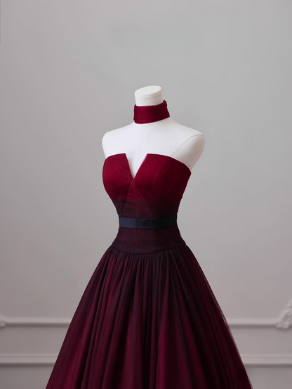 Robe de bal élégante sans bretelles, sans manches, en tulle bordeaux, longueur au sol, idées inspirantes pour une robe de bal, robe de remise de diplôme, AU016