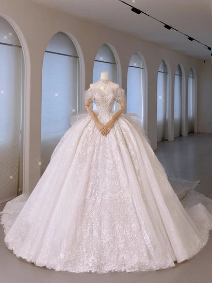 Luxury Women's Ball Gown Off The Shoulder With Beaded Pleated White Satin Floor Length Wedding Dresses AU016