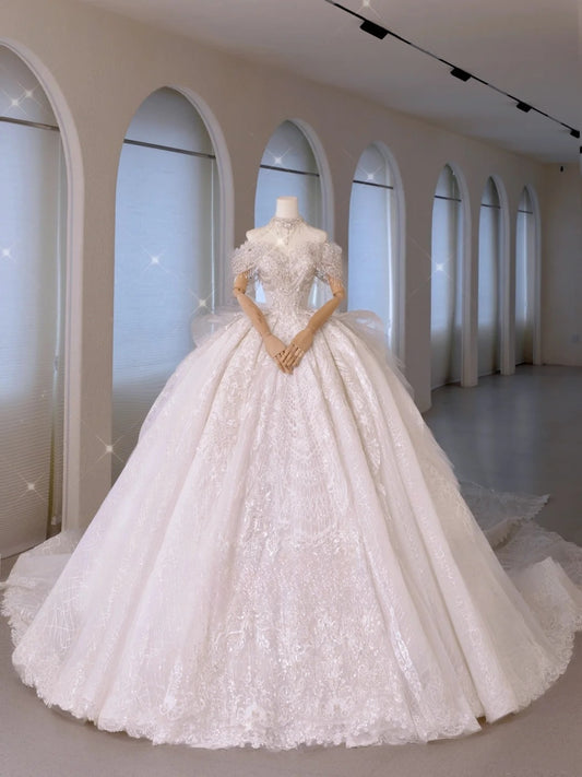 Luxury Women's Ball Gown Off The Shoulder With Beaded Pleated White Satin Floor Length Wedding Dresses AU016