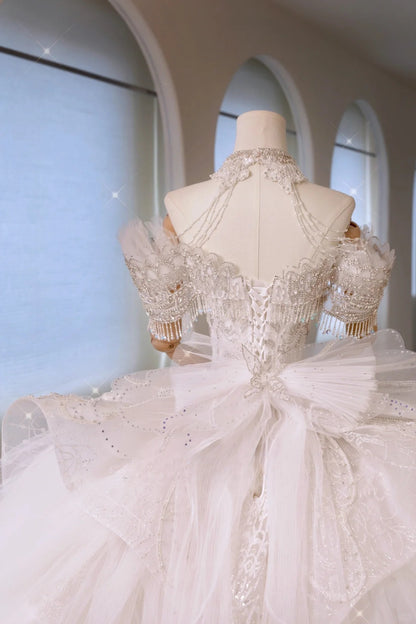 Luxury Women's Ball Gown Off The Shoulder With Beaded Pleated White Satin Floor Length Wedding Dresses AU016