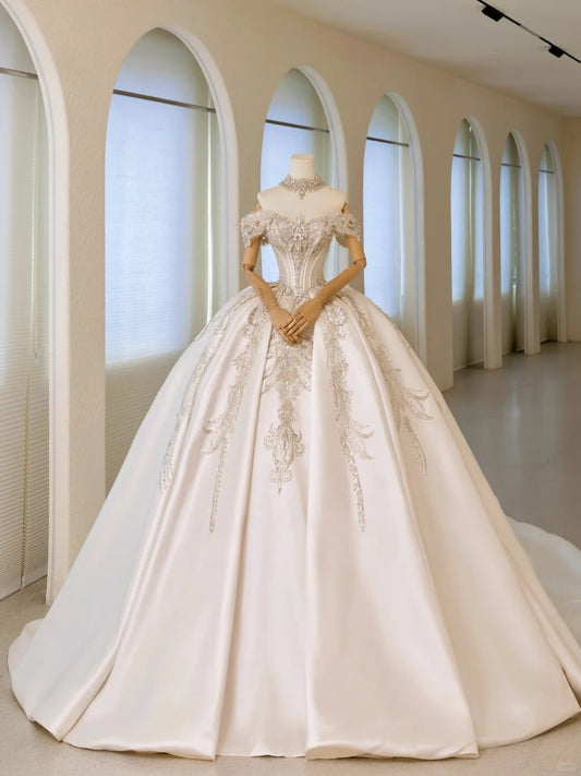 Luxury Women's Ball Gown Off The Shoulder With Beaded Appliqued White Satin Sweep Train Wedding Dresses AU017